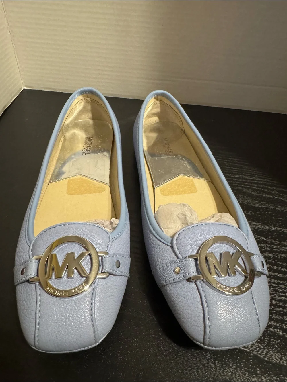 Michael Kors Pastel Blue Leather MK Logo Loafers